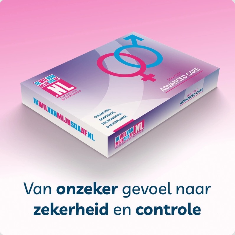 Foto van soa test in doos met tekst: van onzeker gevoel naar zekerheid en controle