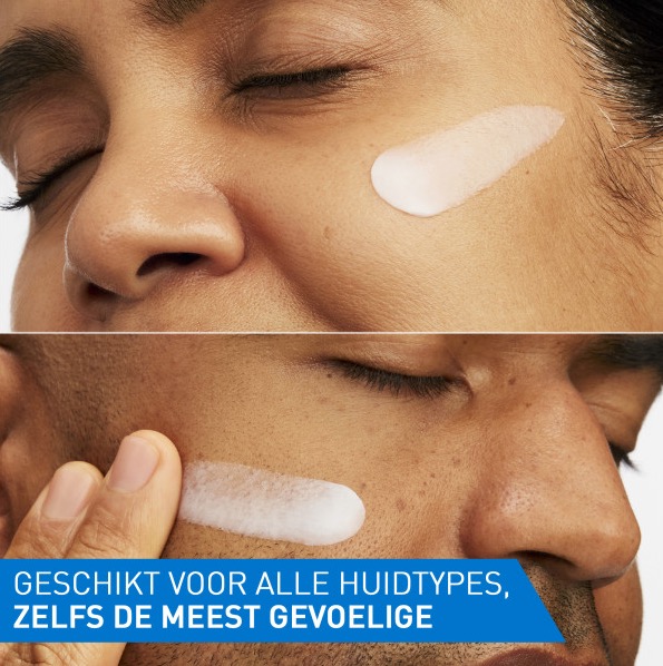 Twee close-ups van gezichten waarop een witte crème op de wang wordt aangebracht. Onderaan staat de tekst: “Geschikt voor alle huidtypes, zelfs de meest gevoelige.”