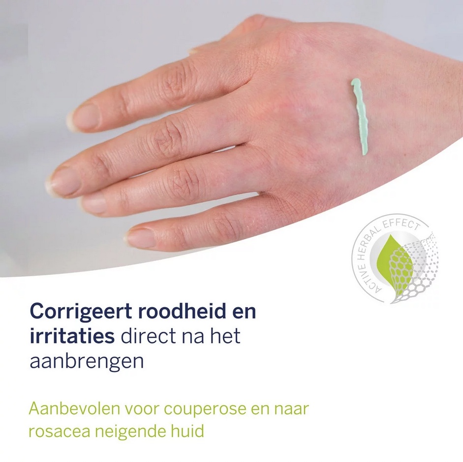Uitleg tinted daycream: corrigeert roodheid en irritaties direct na het aanbrengen.