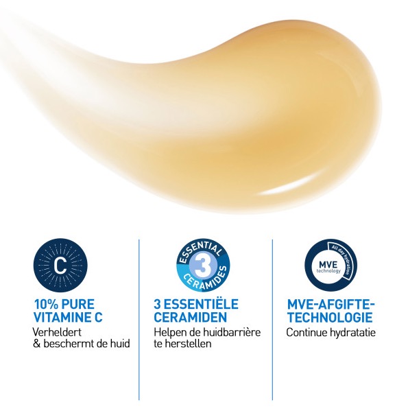 Close-up van een druppel gelkleurig serum met pictogrammen en tekst over de formule: 10% pure vitamine C (verheldert en beschermt), 3 essentiële ceramiden (herstellen de huidbarrière) en MVE-afgifte-technologie (zorgt voor continue hydratatie).