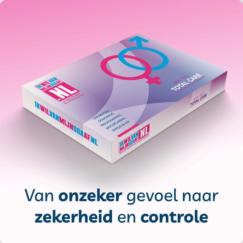 Foto van soa test in doos met tekst: van onzeker gevoel naar zekerheid en controle